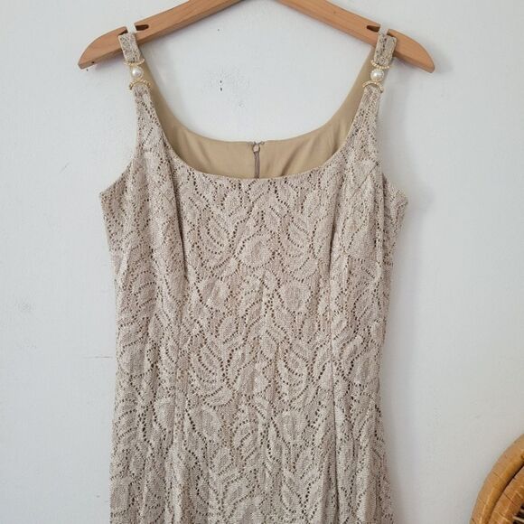Vintage Bari Jay Gold Lace Overlay Maxi Dress Slip 7/8 - Picture 1 of 10